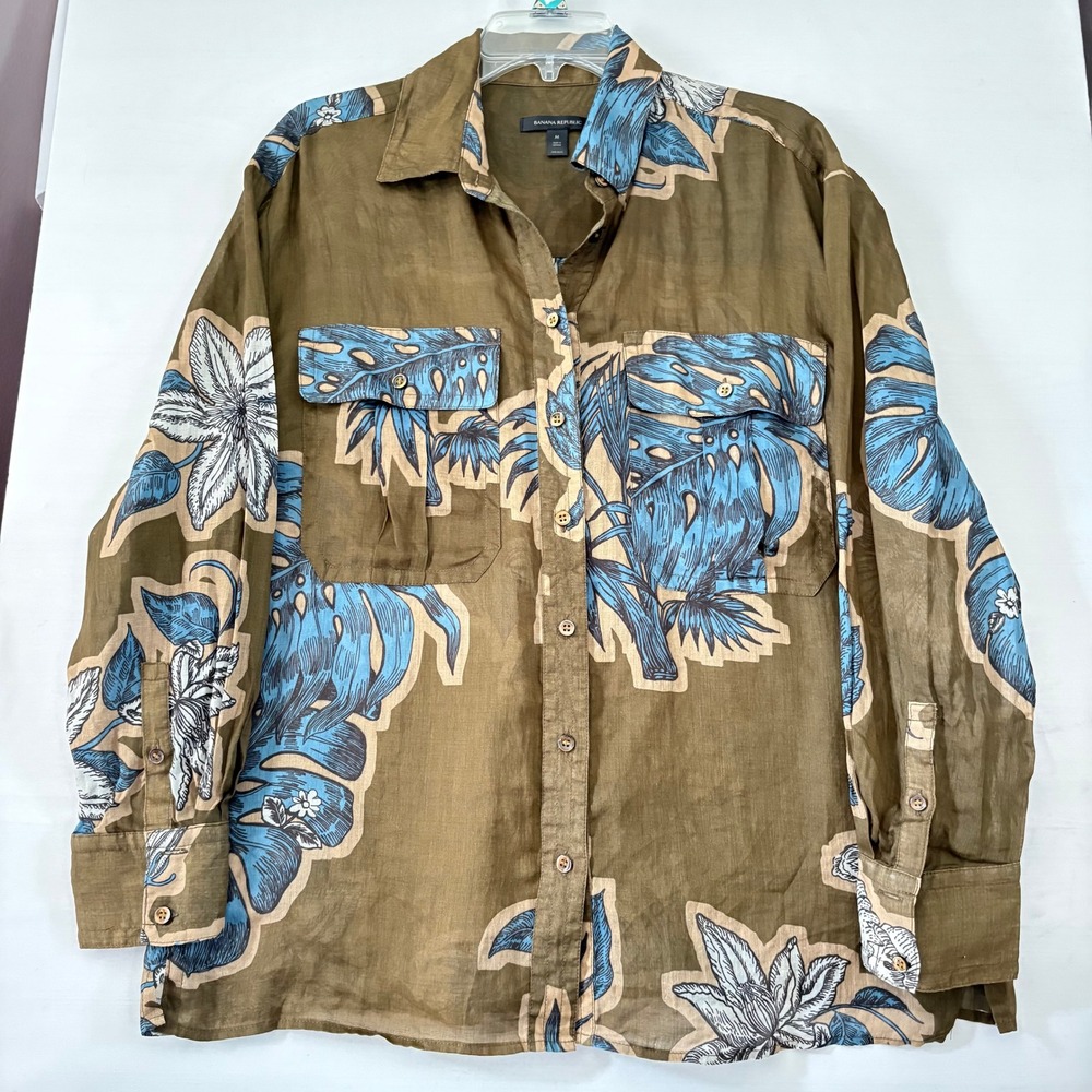 Banana Republic Womens 100% Ramie Tropical Floral Button Down Shirt Olive Blue M